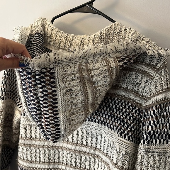 Dex Cream Beige Brown Hooded Open Front Cozy Boho Cardigan Knit Sweater Size S - Picture 8 of 12